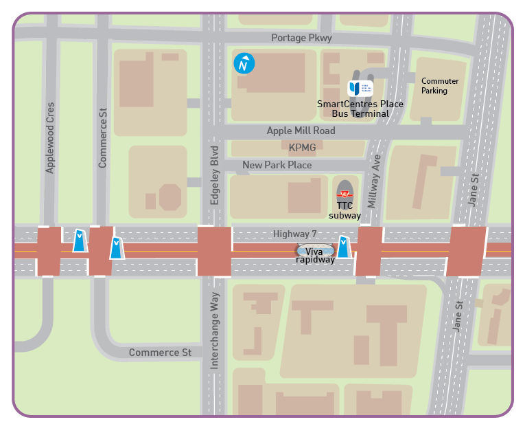 Map of Hwy 7, from Applewood Crescent to Jane Street, showing the location of SmartCentres Place Bus Terminal, which is north of Highway 7, off Millway Avenue.