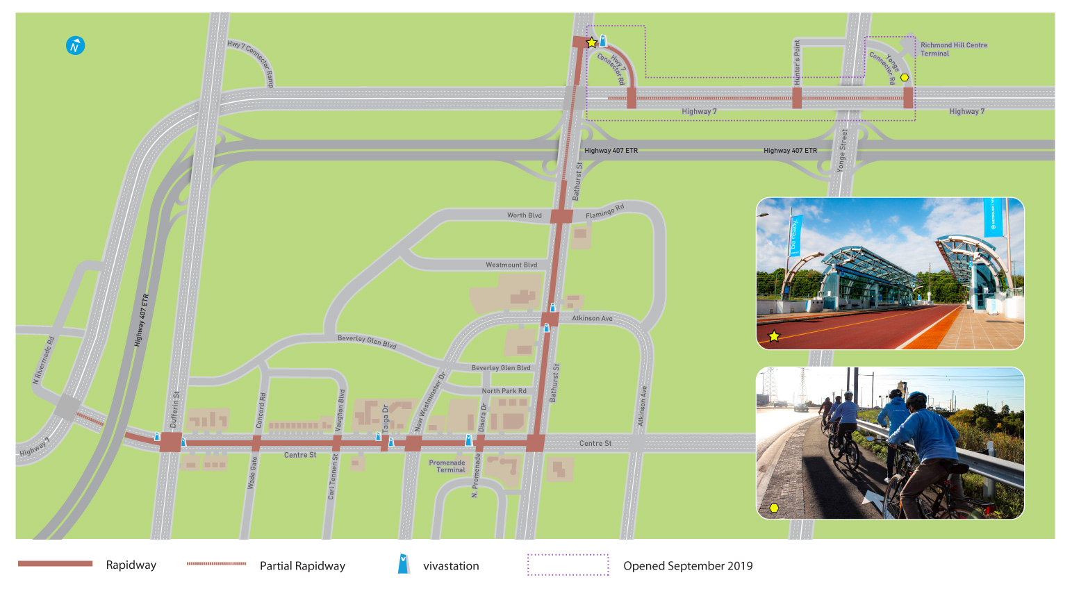 Map of Hwy 7, from Bathurst and Centre to Richmond Hill Centre Terminal, illustrating locations of five new vivastations on Highway 7
