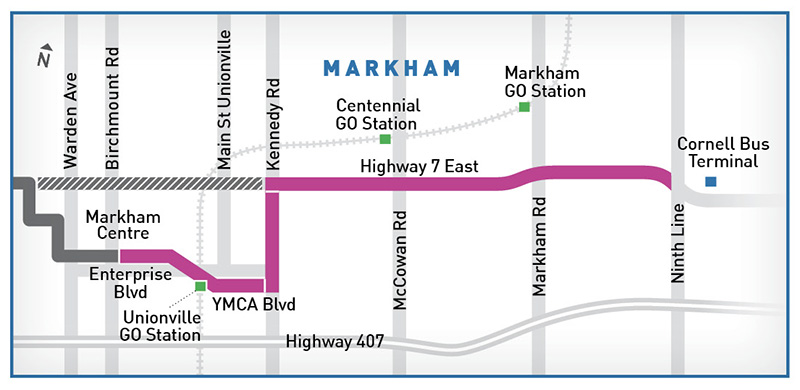 Map of highway 7 east bus rapid transit segments.