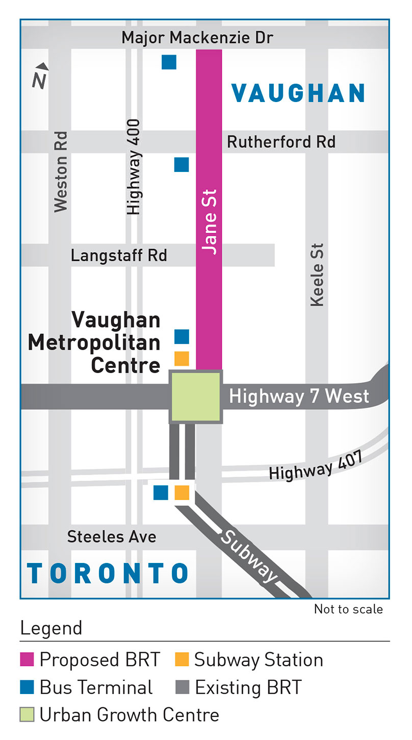 Map of proposed Jane Street BRT, travelling from Major Mackenzie to Highway 7 along Jane Street.