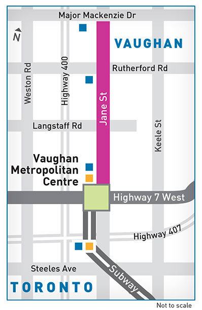 Map of Jane Street bus rapid transit segment between Major Mackenzie and Highway 7 West.