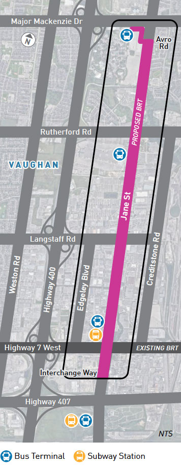 Map of proposed Jane Street BRT project in Vaughan.