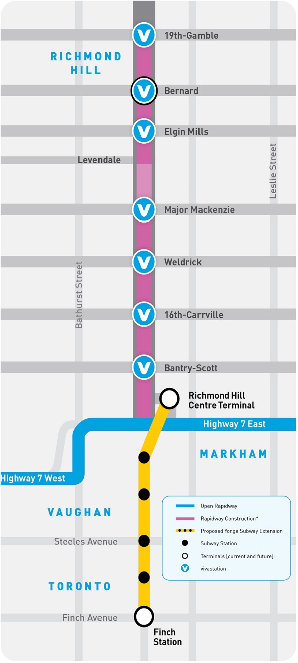 Map of Yonge Street, from 19th/Gamble Road to Highway 7